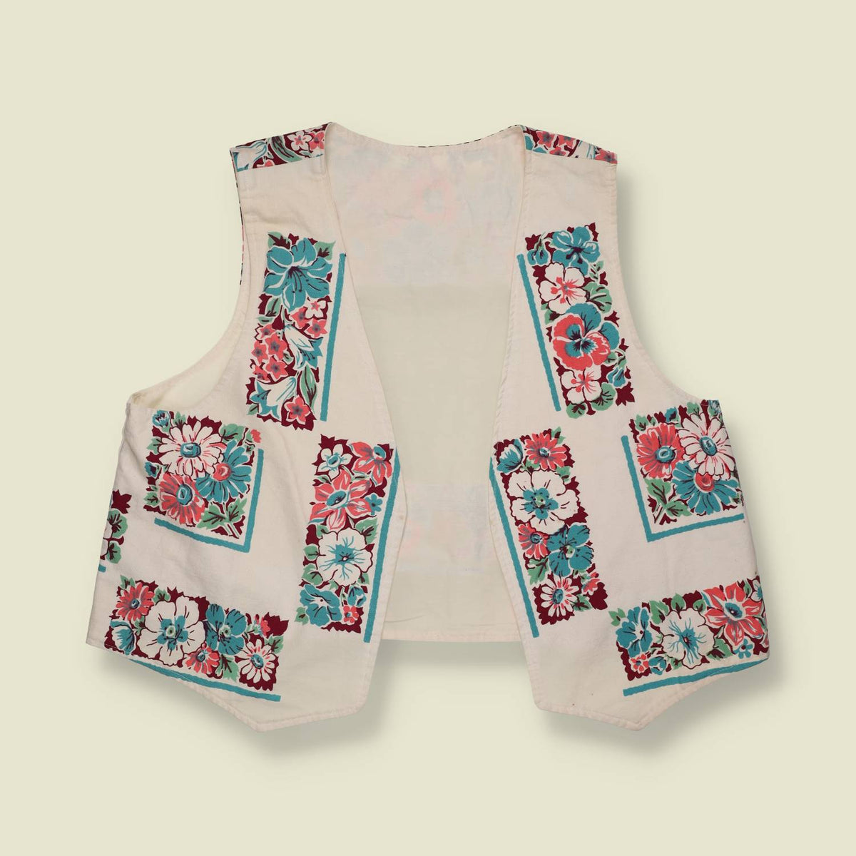 1980s | Floral Print Cotton Waistcoat - 14