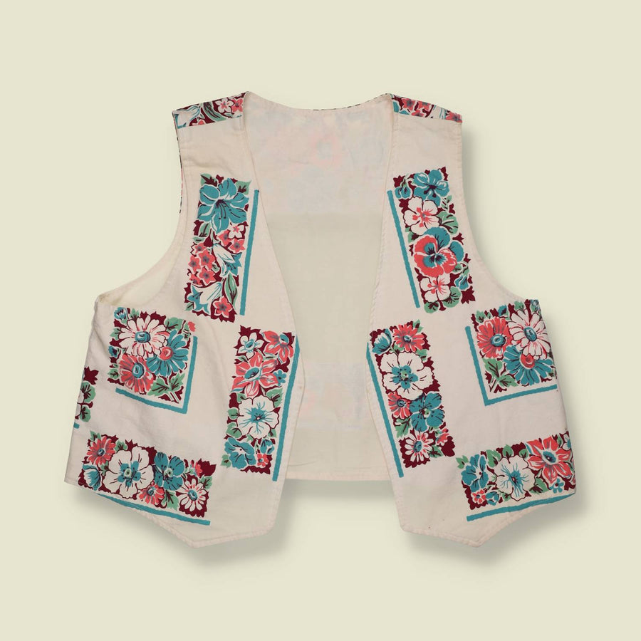 1980s | Floral Print Cotton Waistcoat - 14