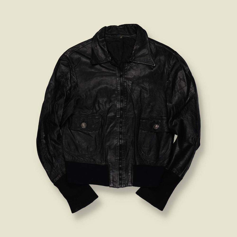 1970s | Black Leather Zip Front Bomber Jacket - 10