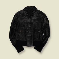 1970s | Black Leather Zip Front Bomber Jacket - 10