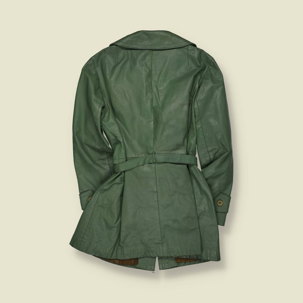 1970s | Made In England | Sage Green Leather Belted Coat - 8