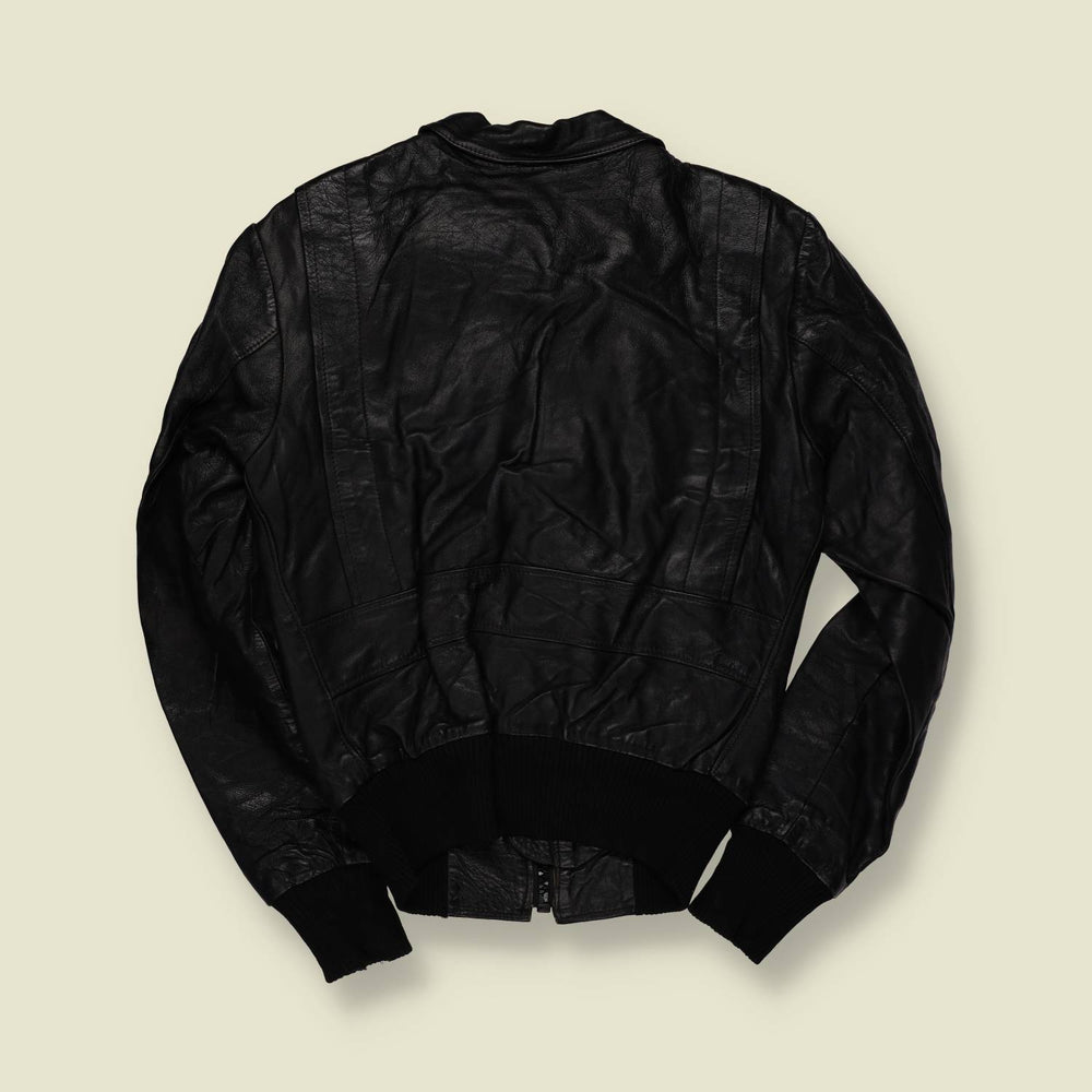 1970s | Black Leather Bomber Jacket With Utility Pockets - 10