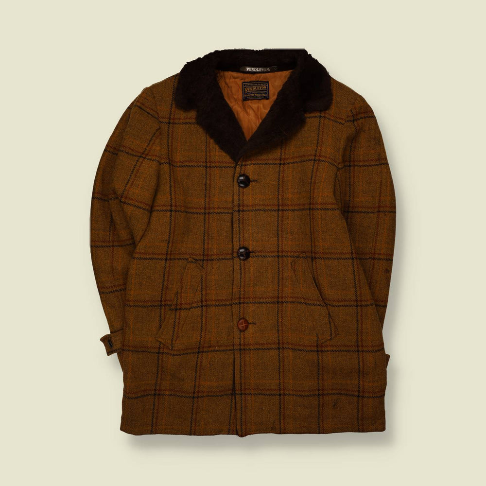 1950s | Pendleton | Brown Plaid Pile Collar Wool Coat - L