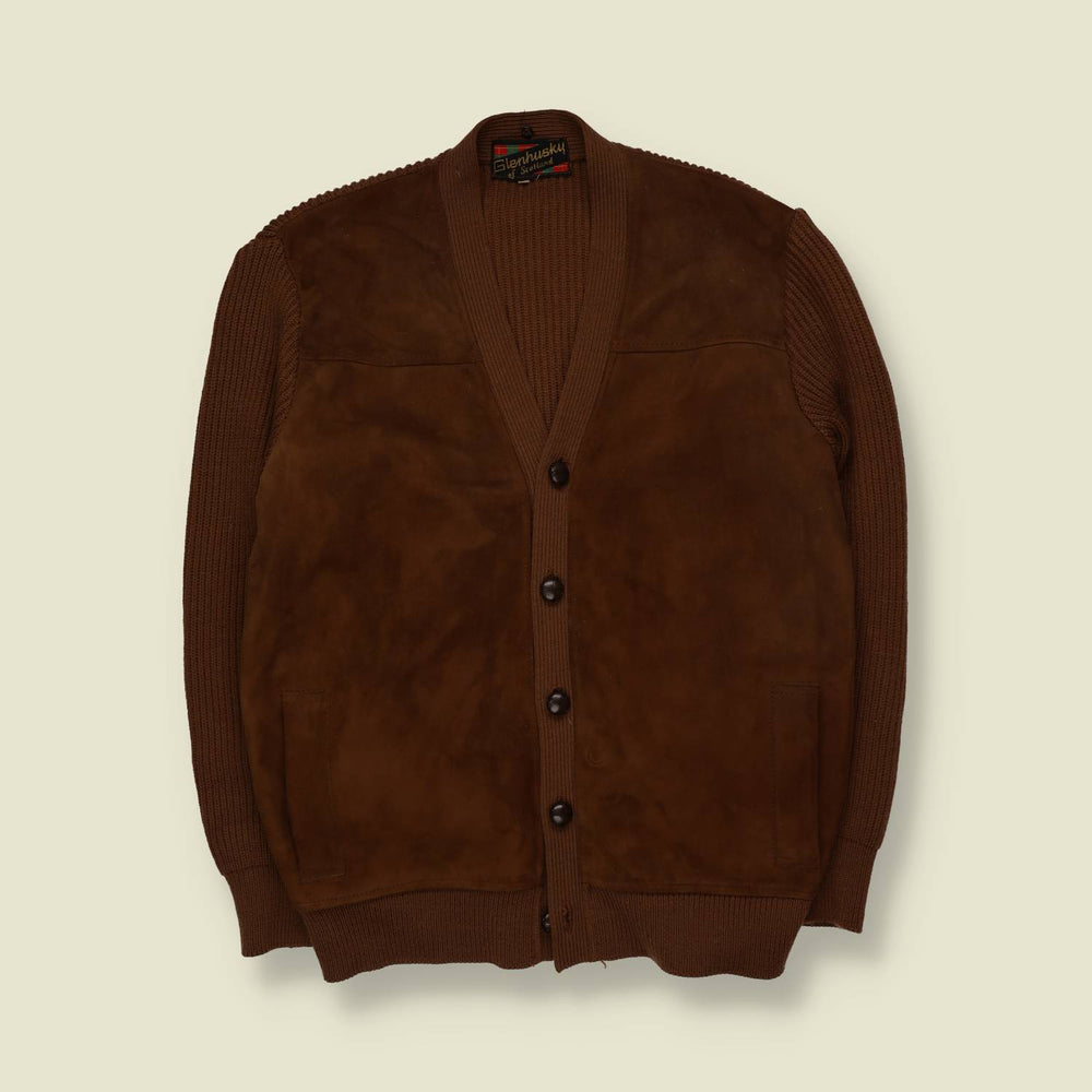 1960s | Glenhusky of Scotland | Leather Front Knit Cardigan - S