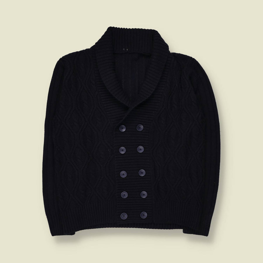 1980s | Cable Knit Cardigan | Dark Blue - L