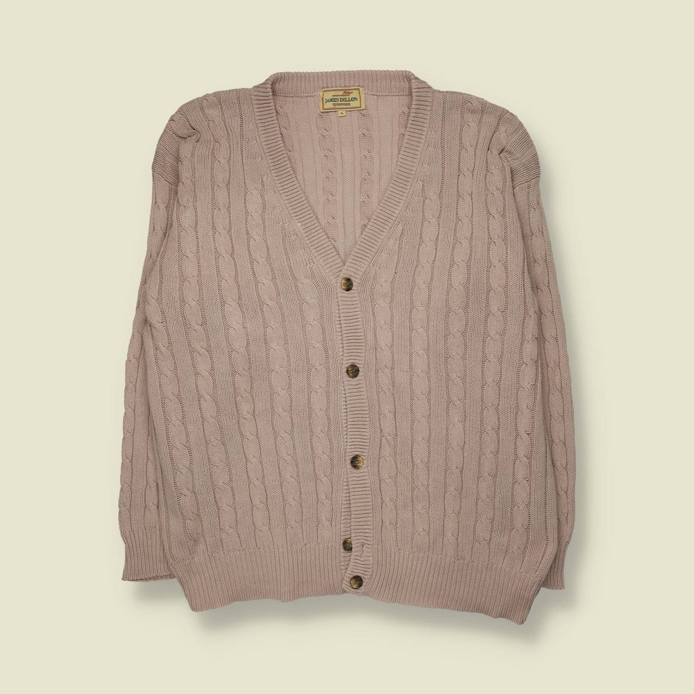 1980s | James Dillon | Cable Knit Cotton Cardigan | Taupe - L