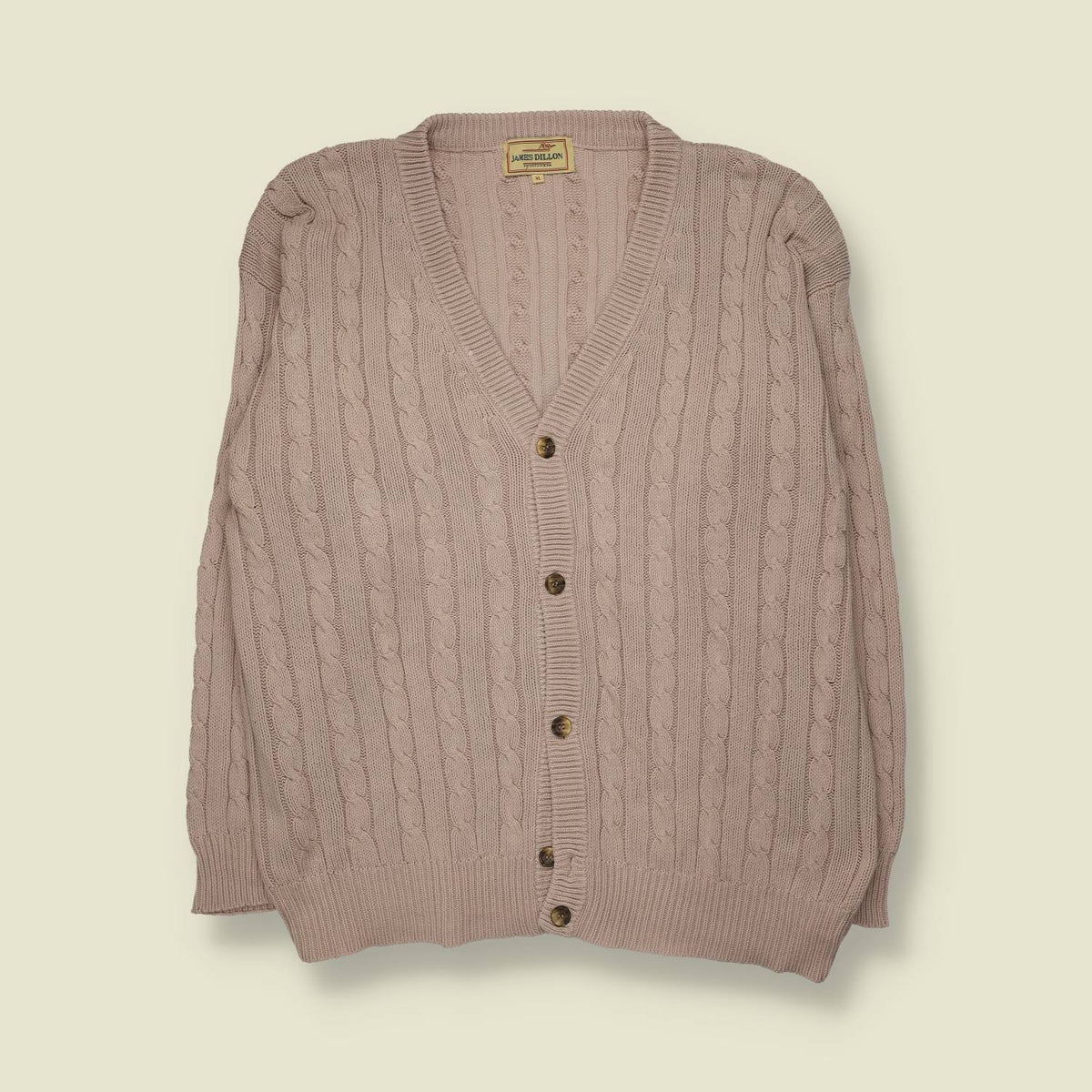 1980s | James Dillon | Cable Knit Cotton Cardigan | Taupe - L