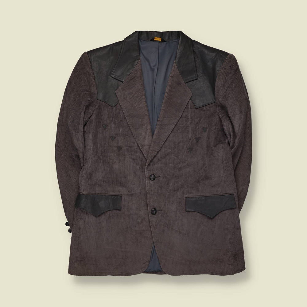 1970s | Pioneer Wear | Corduroy Leather-Trim Western Blazer | Grey - M