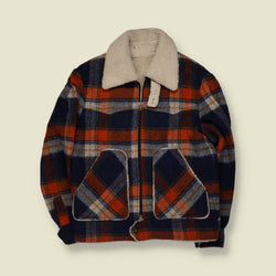 1970s | McGregor | Wool Plaid Sherpa Collar Lumberjack Jacket | Navy/Orange - S