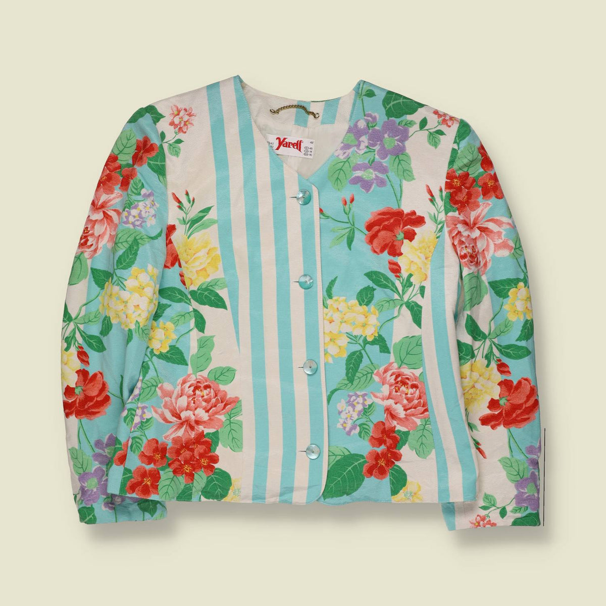 1980s | Yarell | Floral Stripe Jacket | Aqua, White & Multi - 12