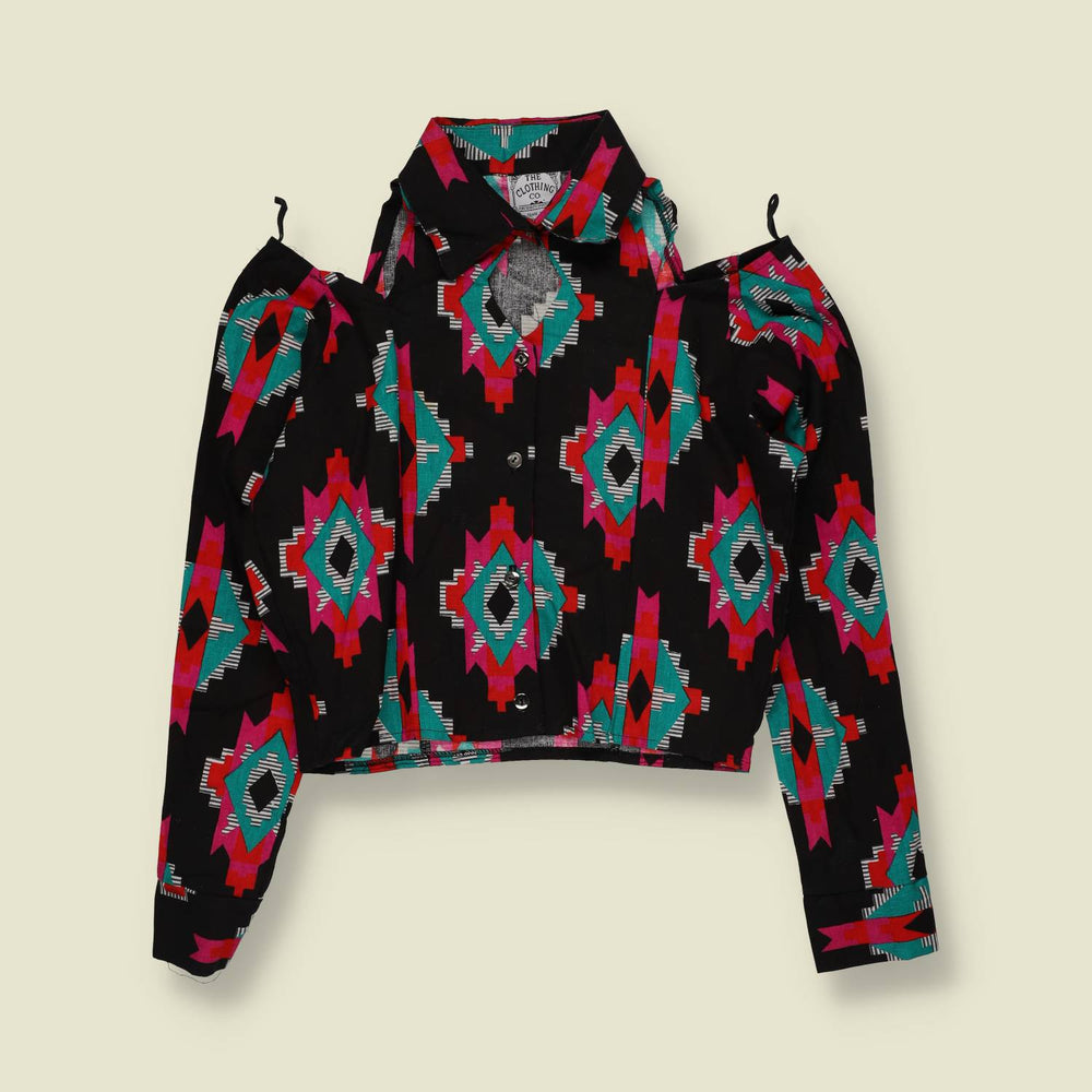 1980s | The Clothing Co. | Western Cut-Out Shoulder Blouse | Black Multi - 12