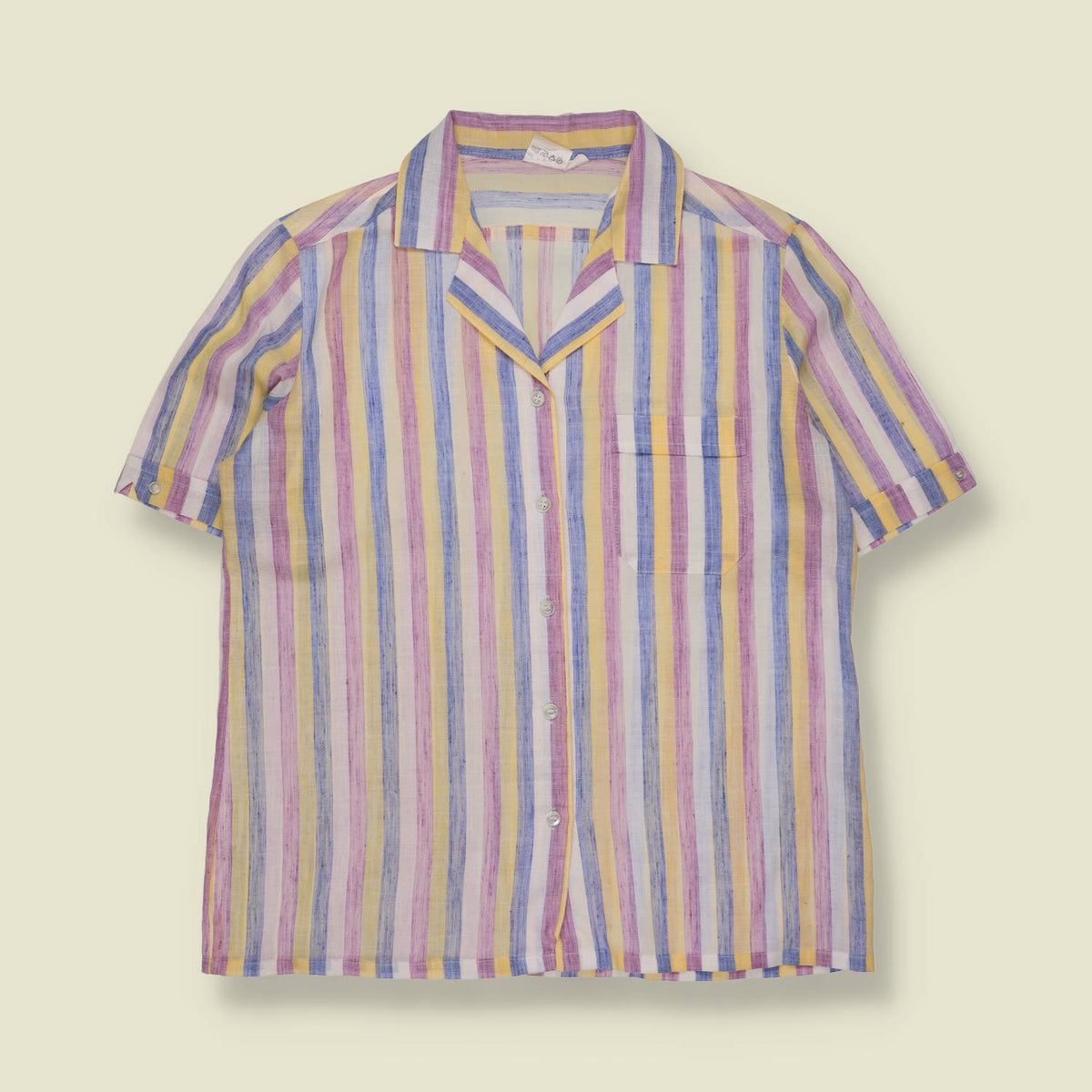 1980s | Striped Short Sleeve Blouse | Pink, Yellow & Blue - 14