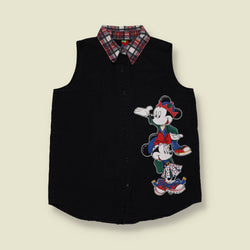 1980s | Disney | Mickey & Minnie Novelty Sleeveless Blouse | Black & Plaid - 18
