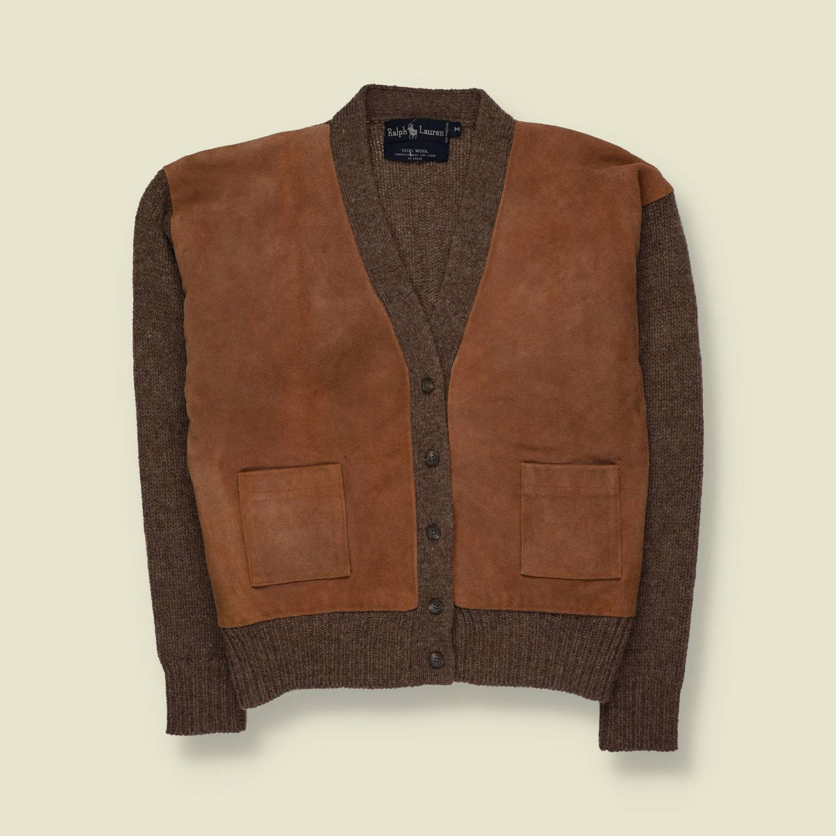 1980s | Ralph Lauren | Hand Knit Wool & Leather Cardigan | Brown - 12