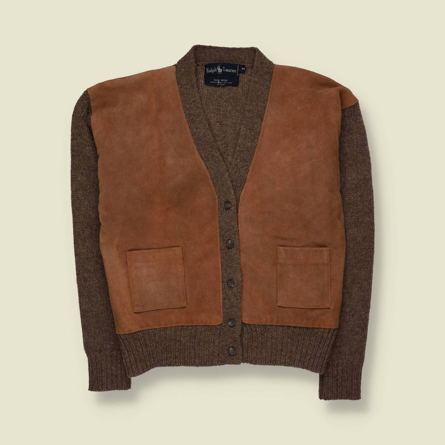 1980s | Ralph Lauren | Hand Knit Wool & Leather Cardigan | Brown - 12