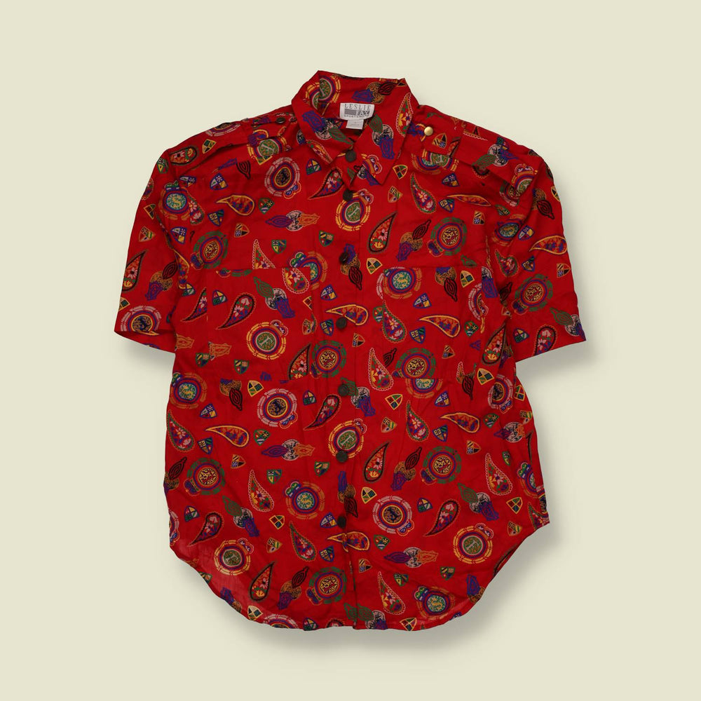 1980s | Leslie Fay | Paisley Print Short Sleeve Blouse | Red Multi - 12