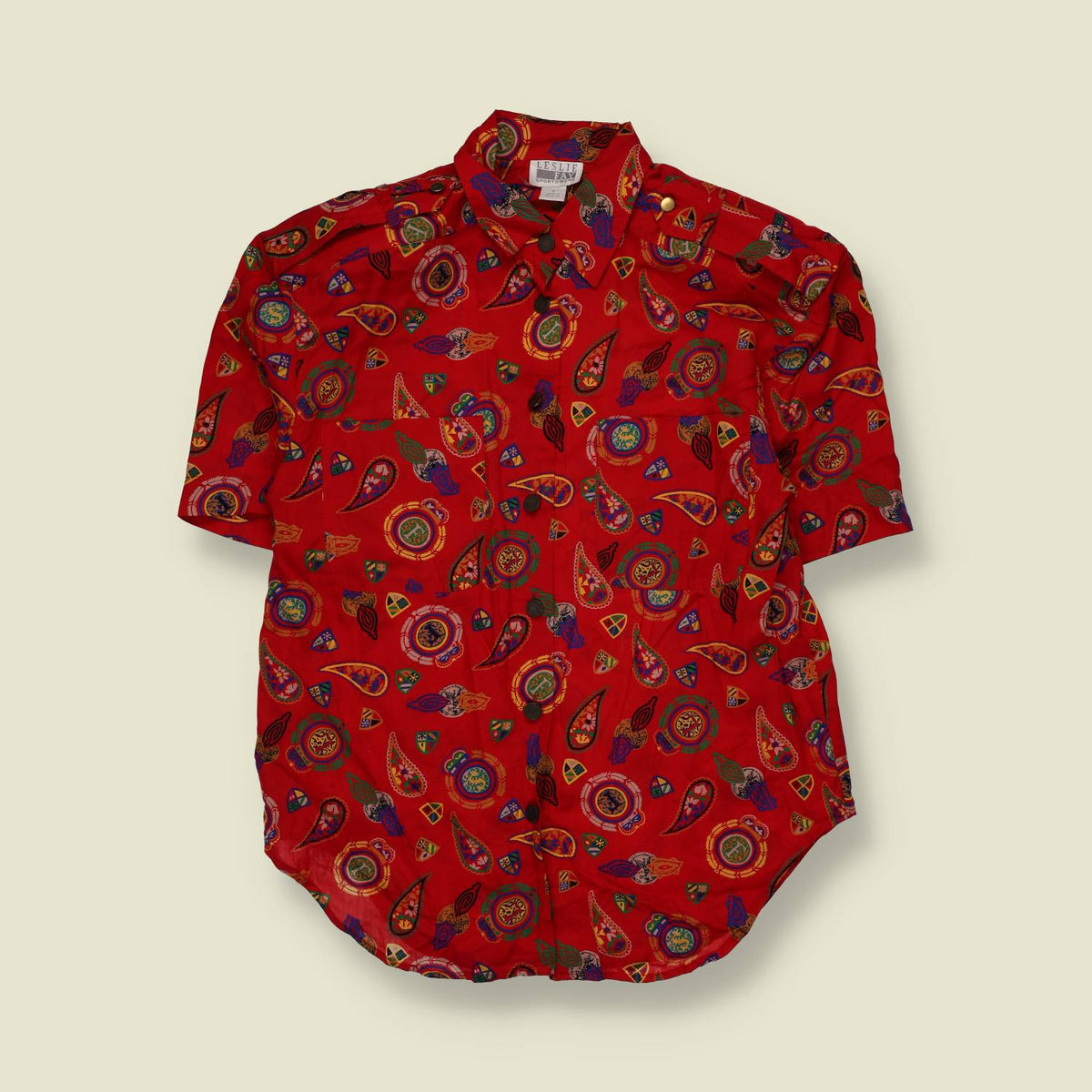 1980s | Leslie Fay | Paisley Print Short Sleeve Blouse | Red Multi - 12