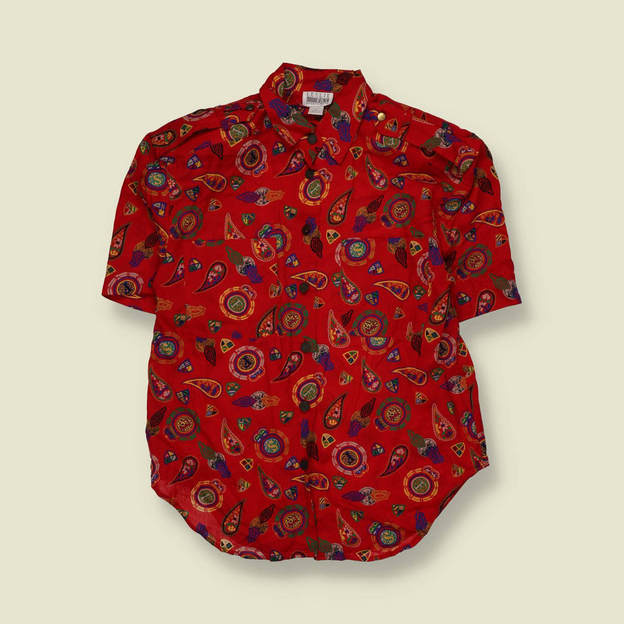 1980s | Leslie Fay | Paisley Print Short Sleeve Blouse | Red Multi - 12