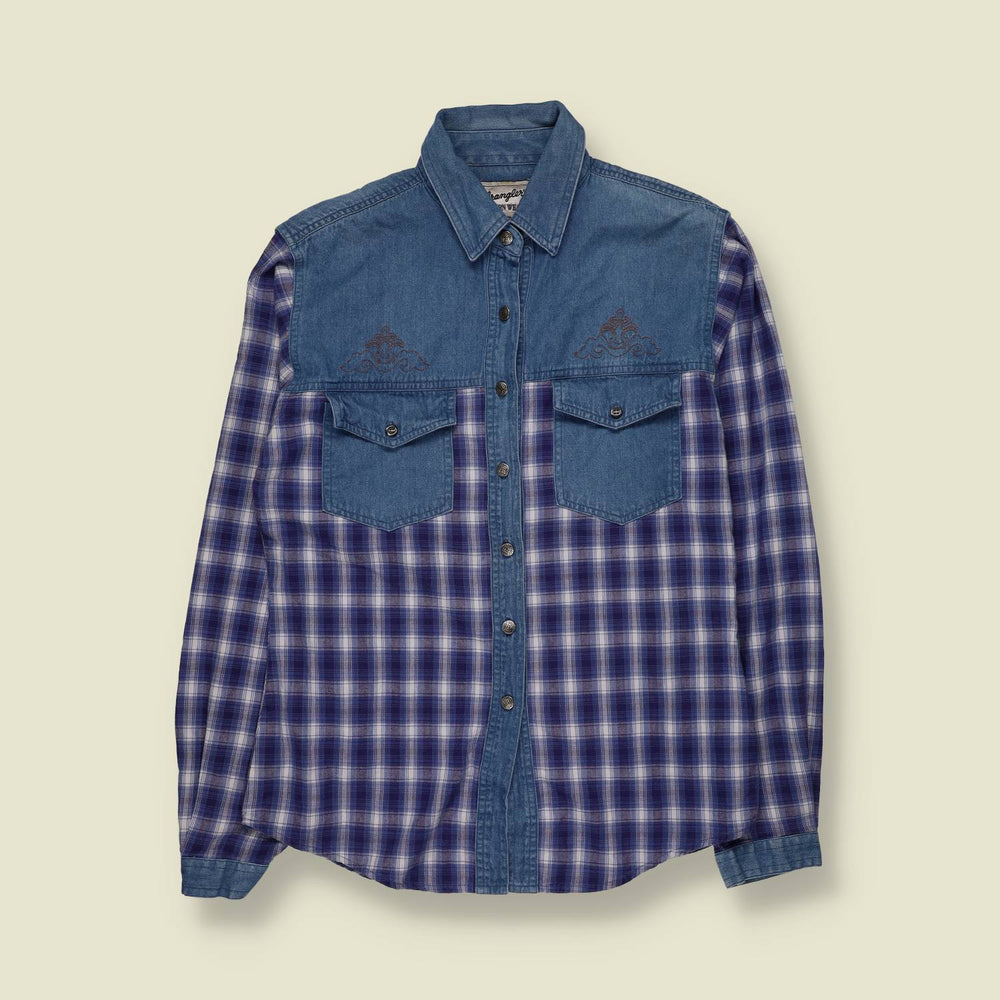 1980s | Wrangler | Denim & Plaid Western Shirt | Blue & Purple - 12