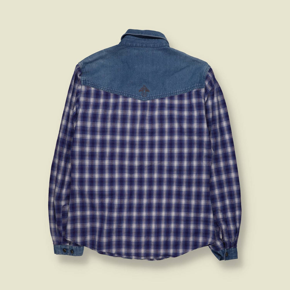 1980s | Wrangler | Denim & Plaid Western Shirt | Blue & Purple - 12