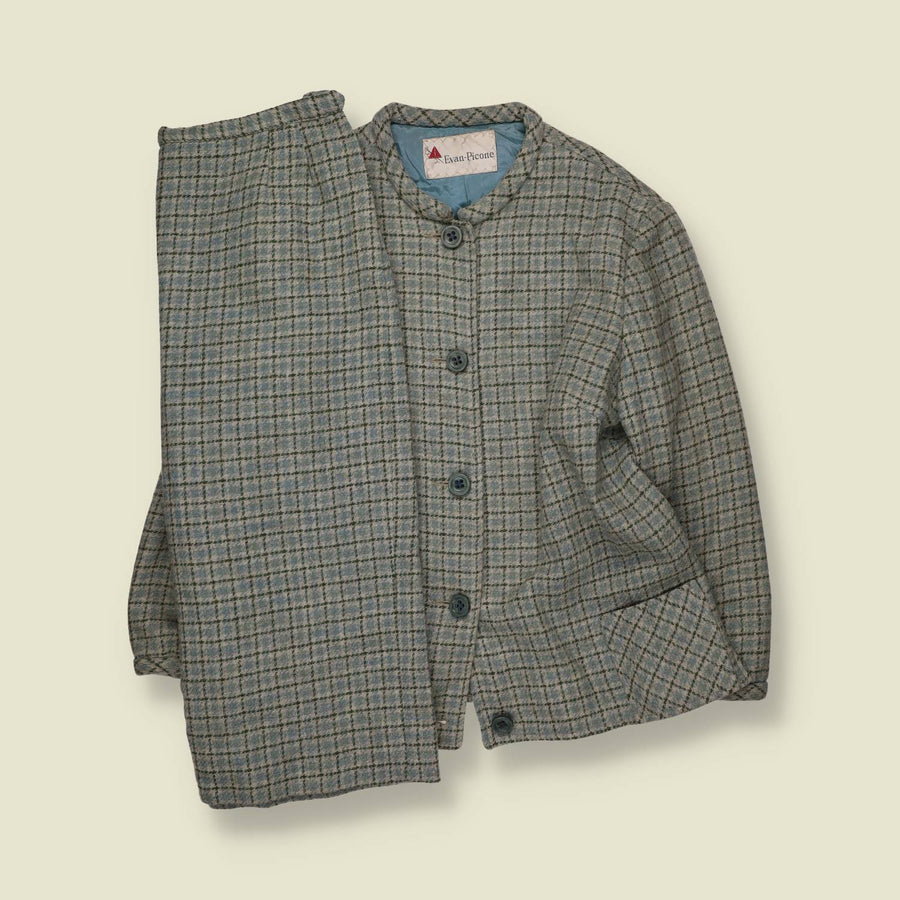 1970s | Evan-Picone | Plaid 2-Piece Skirt Suit | Grey & Blue - 12
