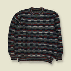1980s | Textured Stripe Knit Sweater | Grey, Burgundy & Navy - L