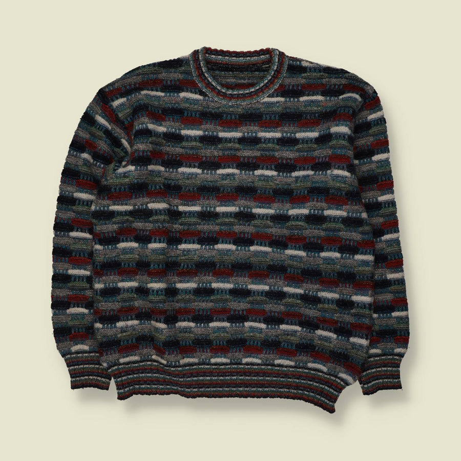 1980s | Textured Stripe Knit Sweater | Grey, Burgundy & Navy - L
