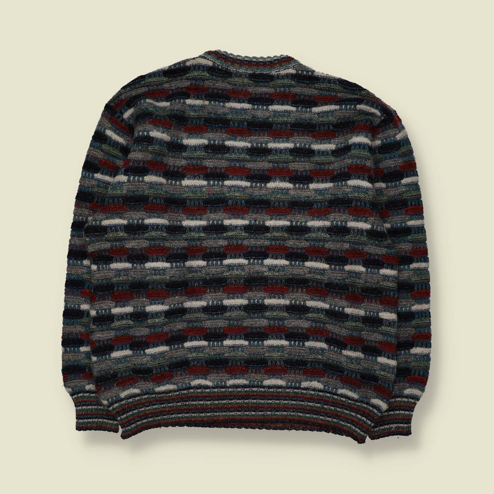 1980s | Textured Stripe Knit Sweater | Grey, Burgundy & Navy - L