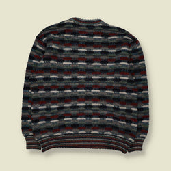 1980s | Textured Stripe Knit Sweater | Grey, Burgundy & Navy - L