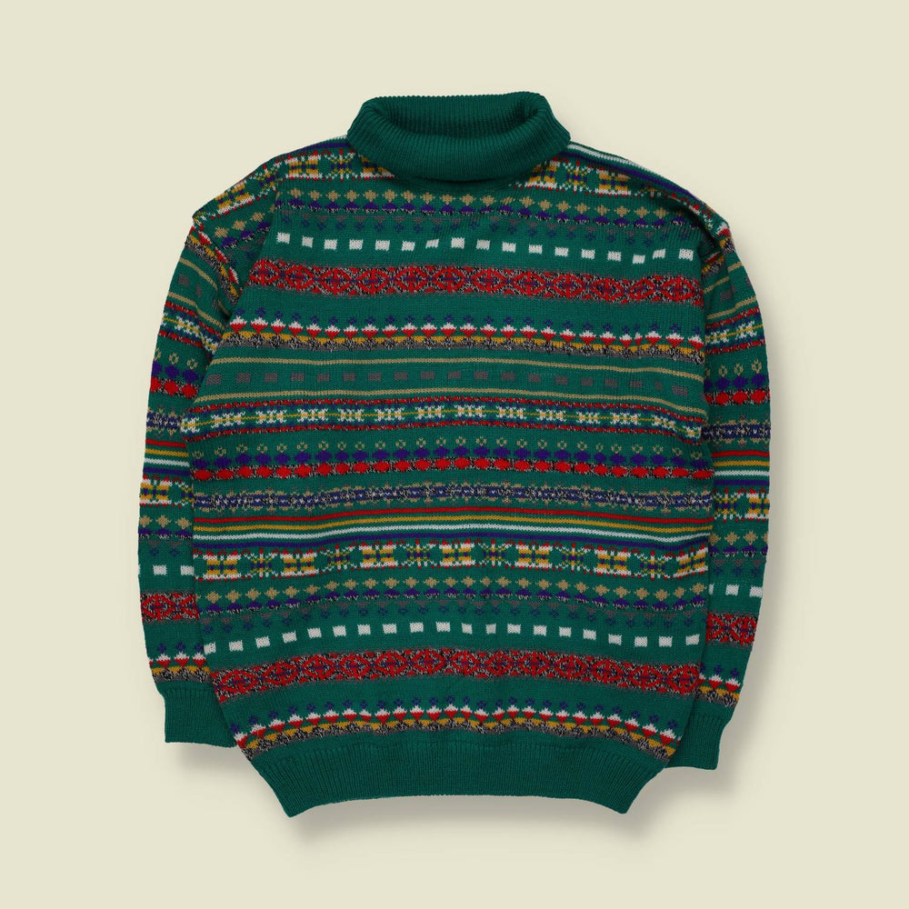 1980s | Sweet Pea | Fair Isle Roll Neck Knit Sweater | Green Multi - L