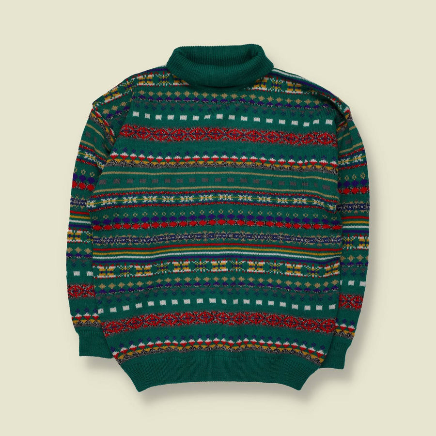 1980s | Sweet Pea | Fair Isle Roll Neck Knit Sweater | Green Multi - L