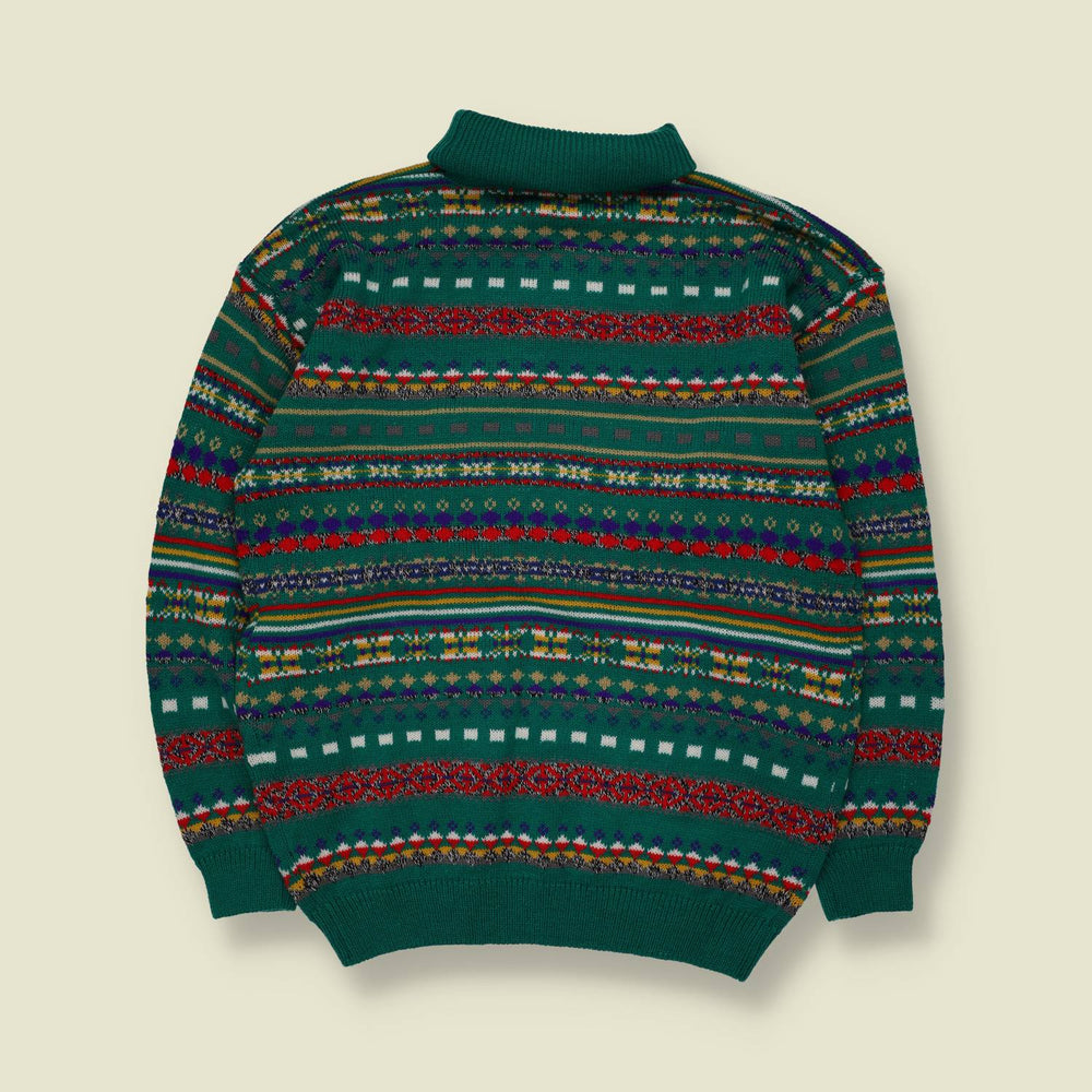 1980s | Sweet Pea | Fair Isle Roll Neck Knit Sweater | Green Multi - L