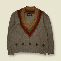 1980s | AB 1953 | V-Neck Knit Sweater | Taupe, Rust & Olive - XL