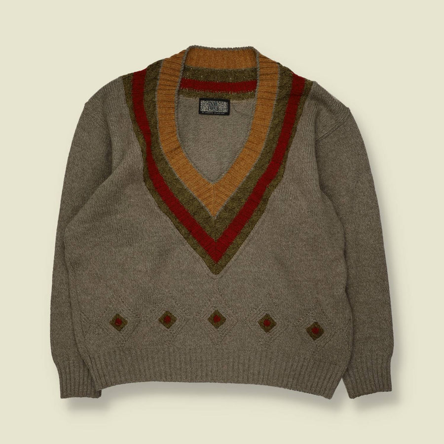 1980s | AB 1953 | V-Neck Knit Sweater | Taupe, Rust & Olive - XL