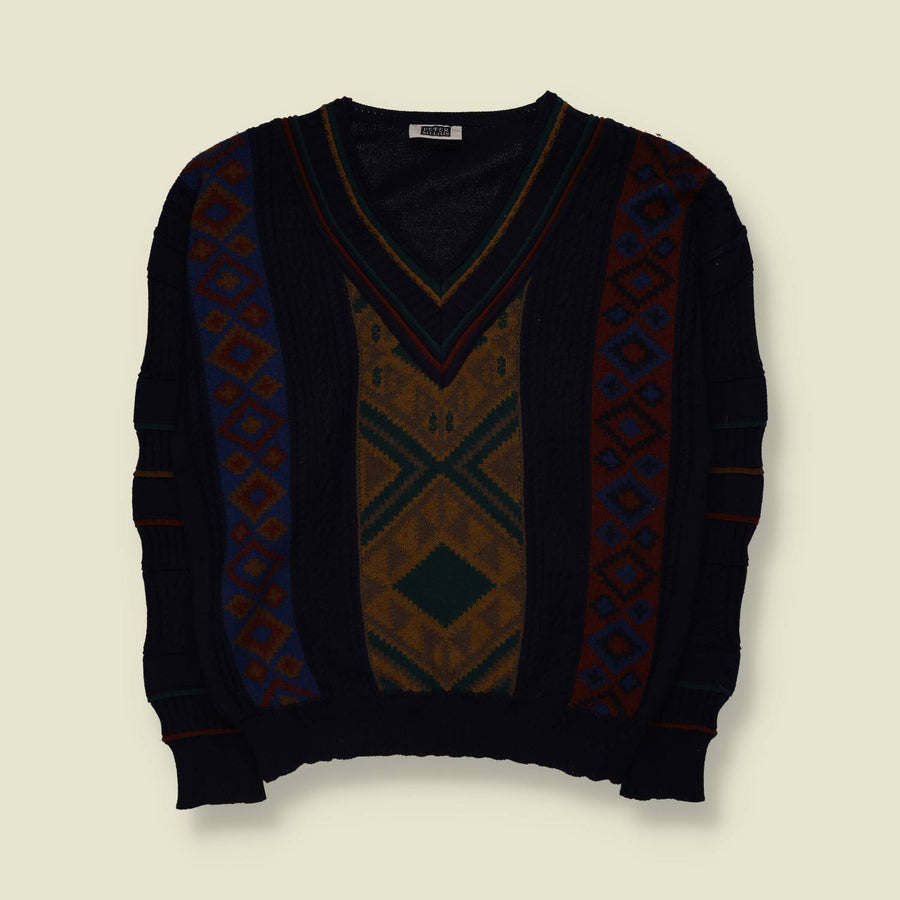 1980s | Peter Stelius | Geometric V-Neck Knit Sweater | Navy Multi - L