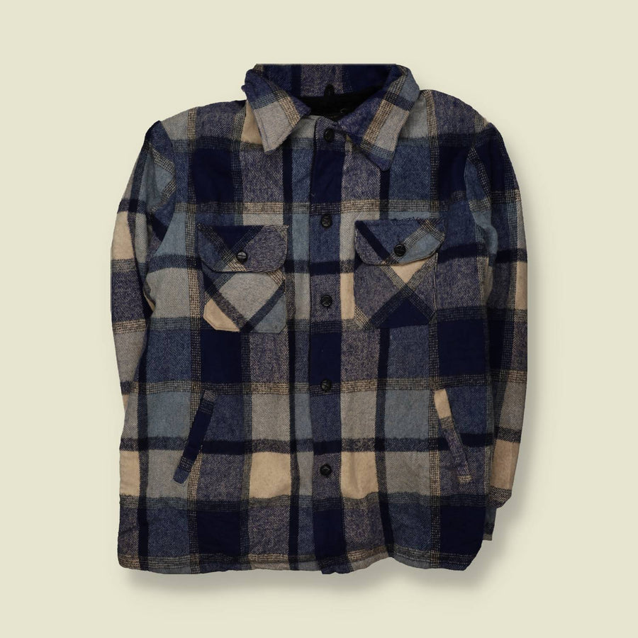 1970s | J.C. Penney | Plaid Wool Shirt Jacket | Blue & Cream - 4XL