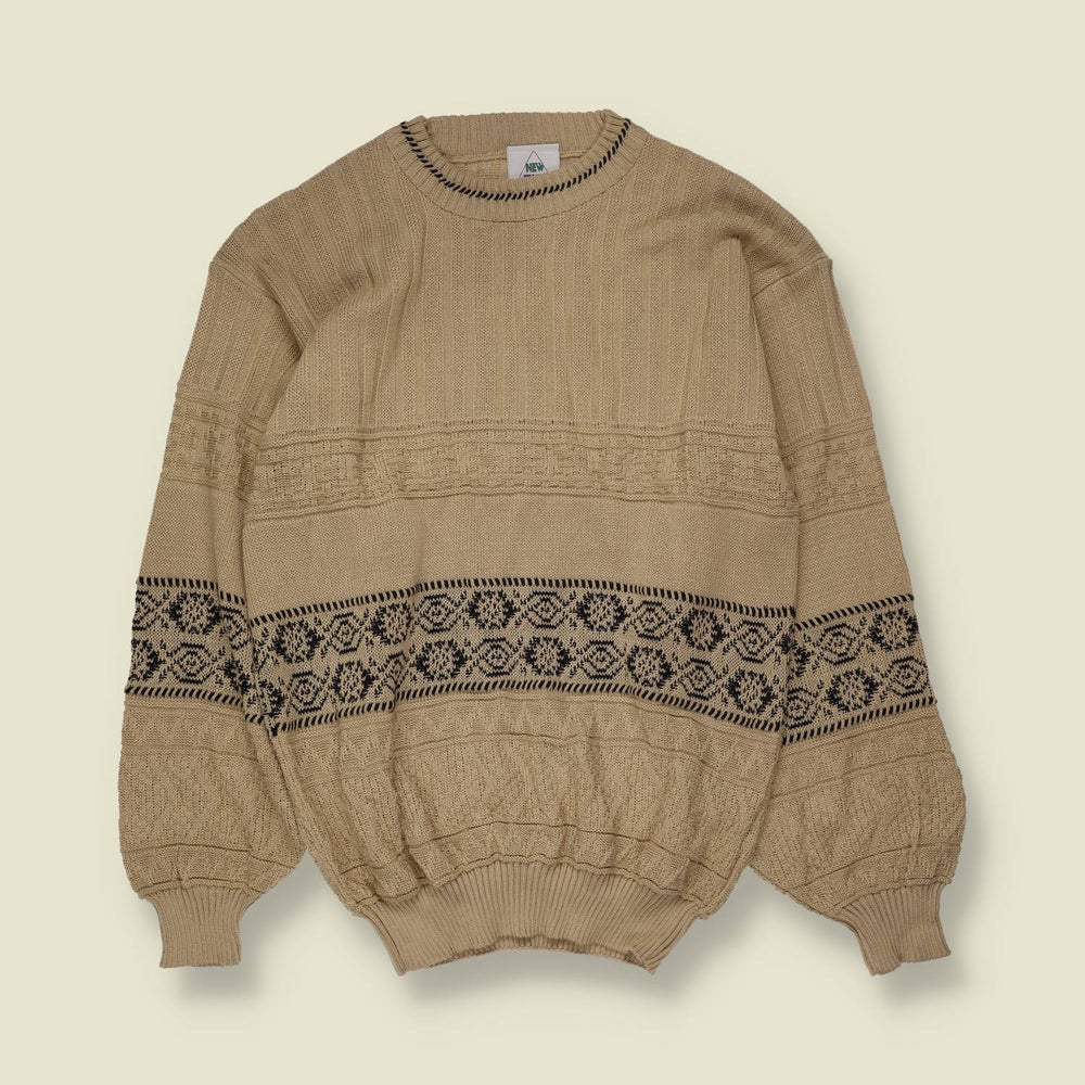 1980s | New Fast | Patterned Knit Sweater | Beige & Black - XS