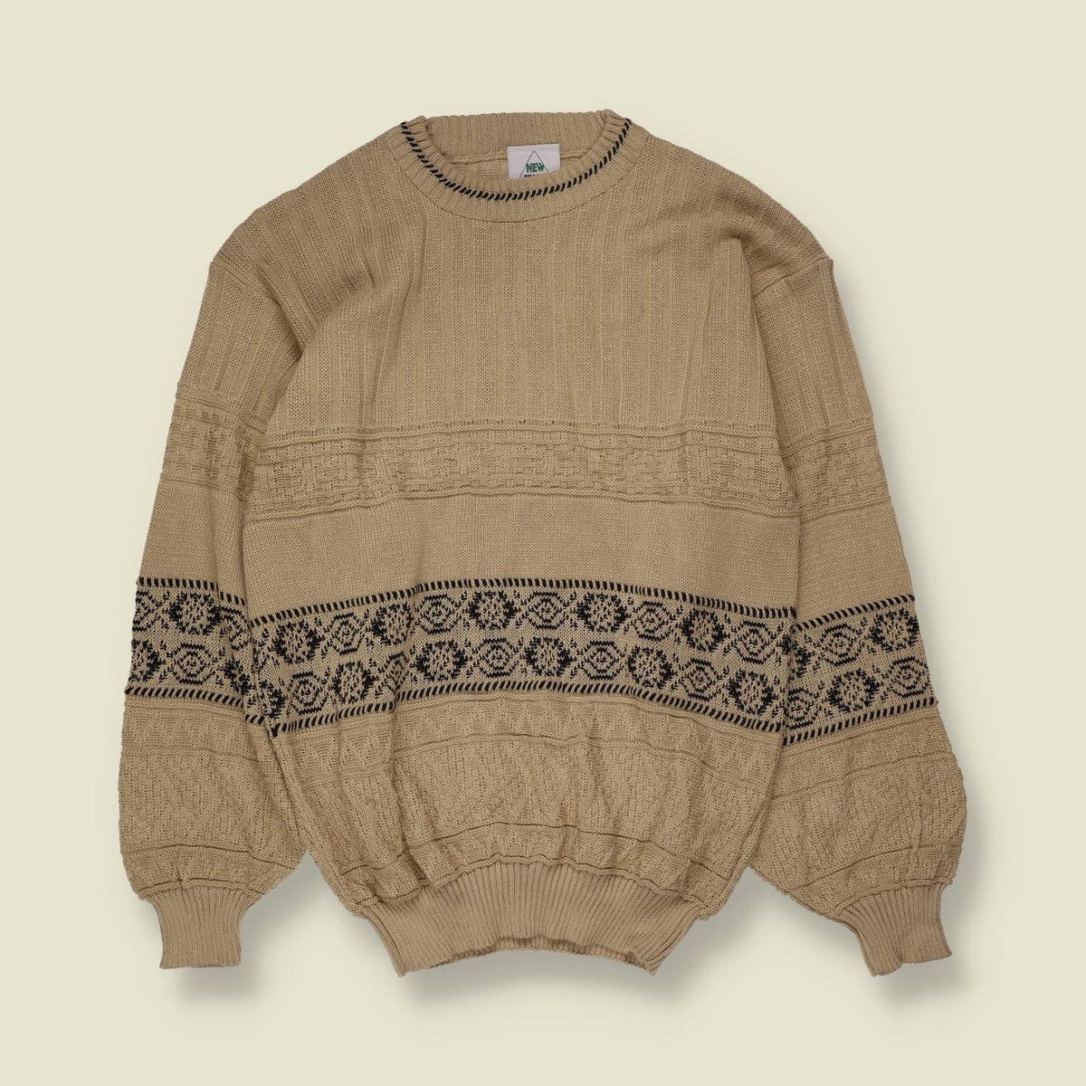 1980s | New Fast | Patterned Knit Sweater | Beige & Black - XS