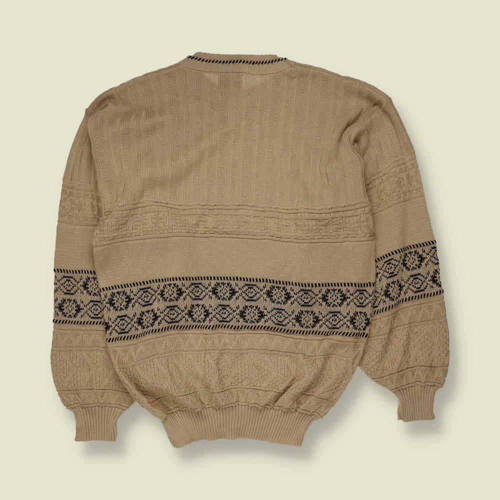 1980s | New Fast | Patterned Knit Sweater | Beige & Black - XS