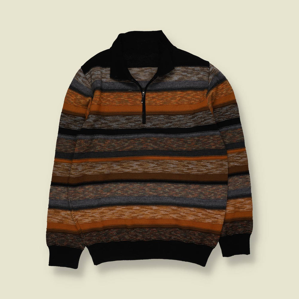 1990s | Striped Half-Zip Knit Sweater | Brown, Orange & Black - S