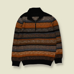 1990s | Striped Half-Zip Knit Sweater | Brown, Orange & Black - S