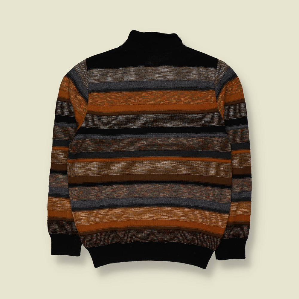 1990s | Striped Half-Zip Knit Sweater | Brown, Orange & Black - S