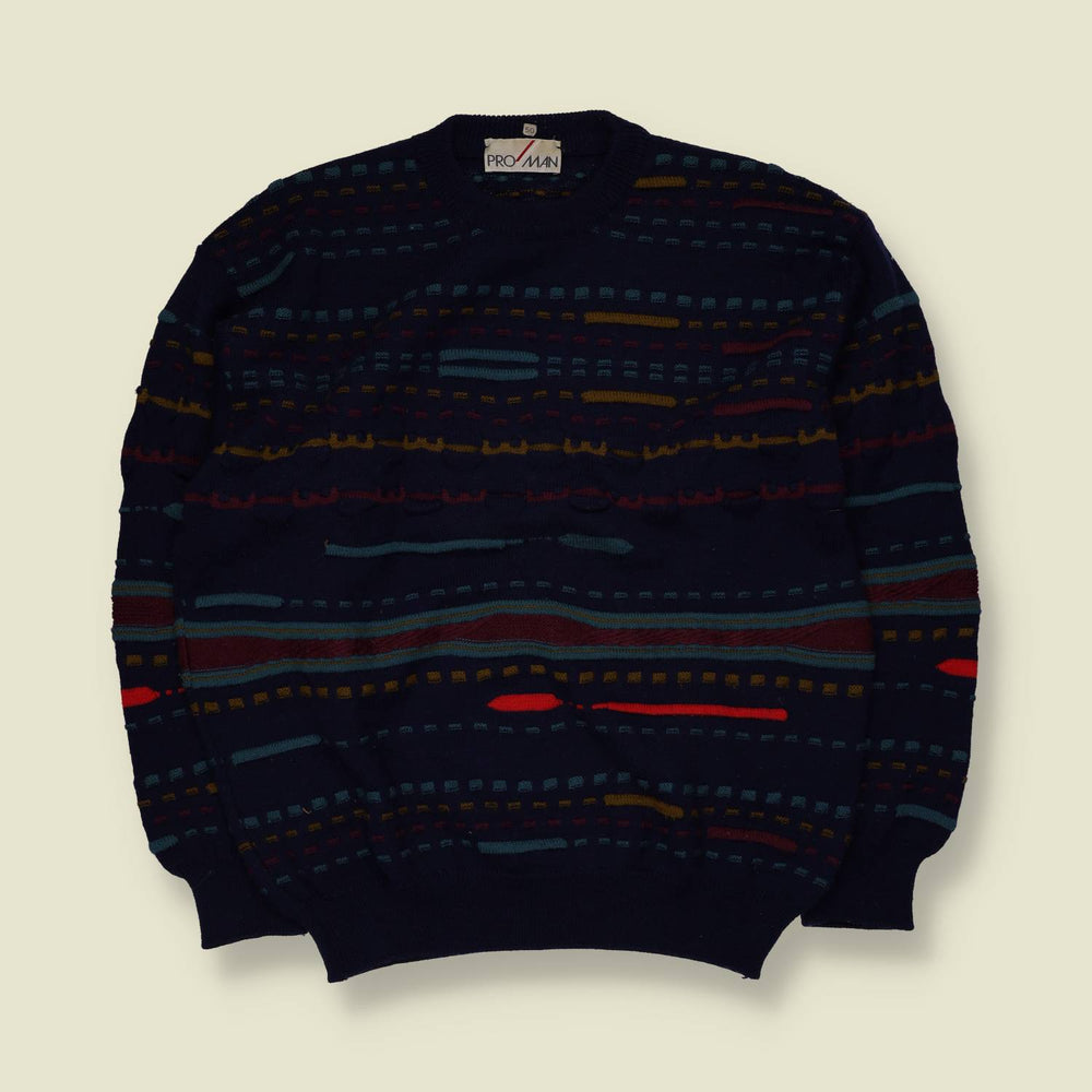 1980s | Pro Man | Abstract Pattern Knit Sweater | Navy Multi - M