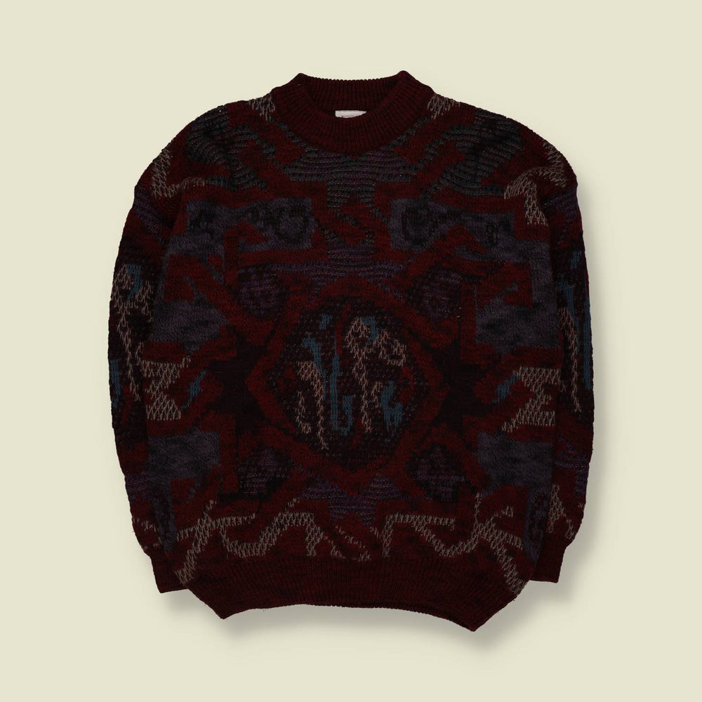 1980s | Fiume | Abstract Geometric Knit Sweater | Burgundy Multi - L