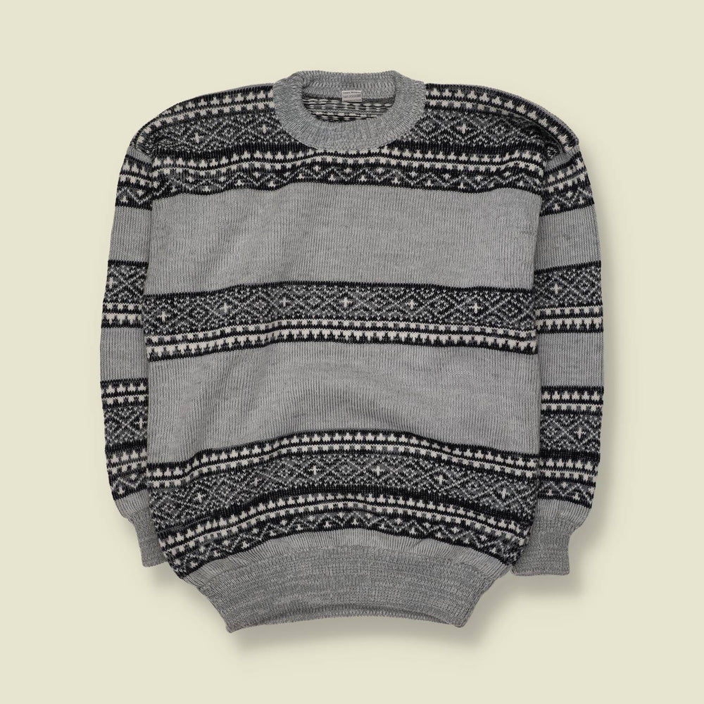 1980s | Neu | Fair Isle Knit Sweater | Grey, Black & Cream - M