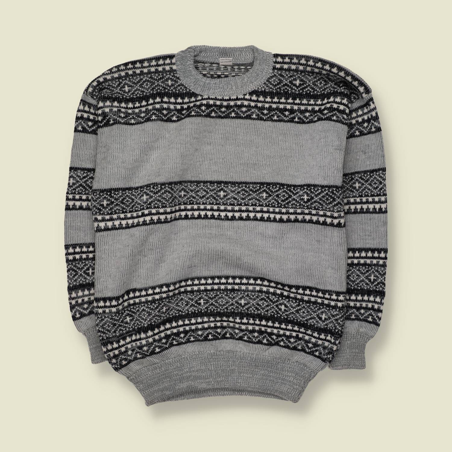 1980s | Neu | Fair Isle Knit Sweater | Grey, Black & Cream - M