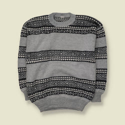 1980s | Neu | Fair Isle Knit Sweater | Grey, Black & Cream - M