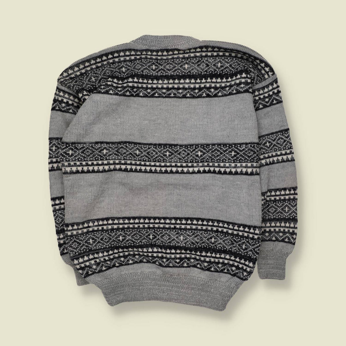 1980s | Neu | Fair Isle Knit Sweater | Grey, Black & Cream - M