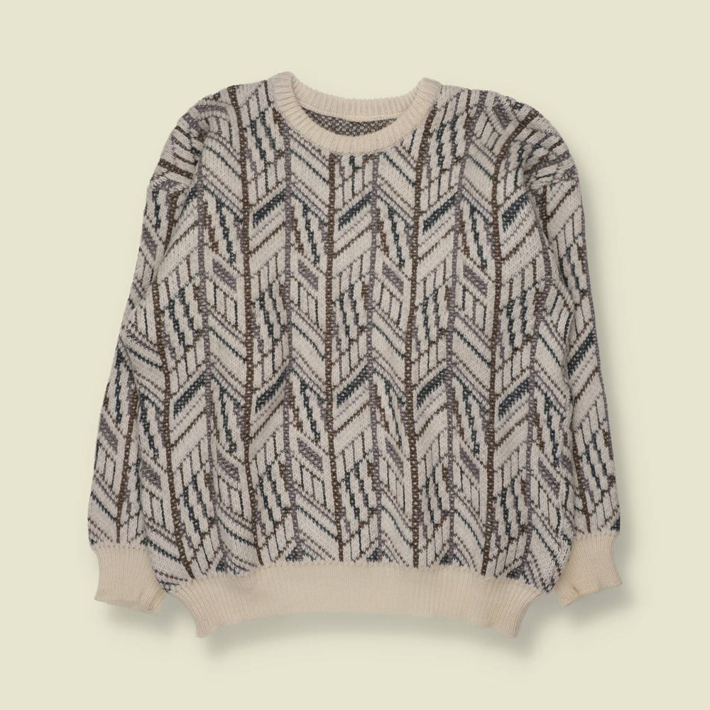 1980s | Geometric Pattern Knit Sweater | Cream, Brown & Grey - M
