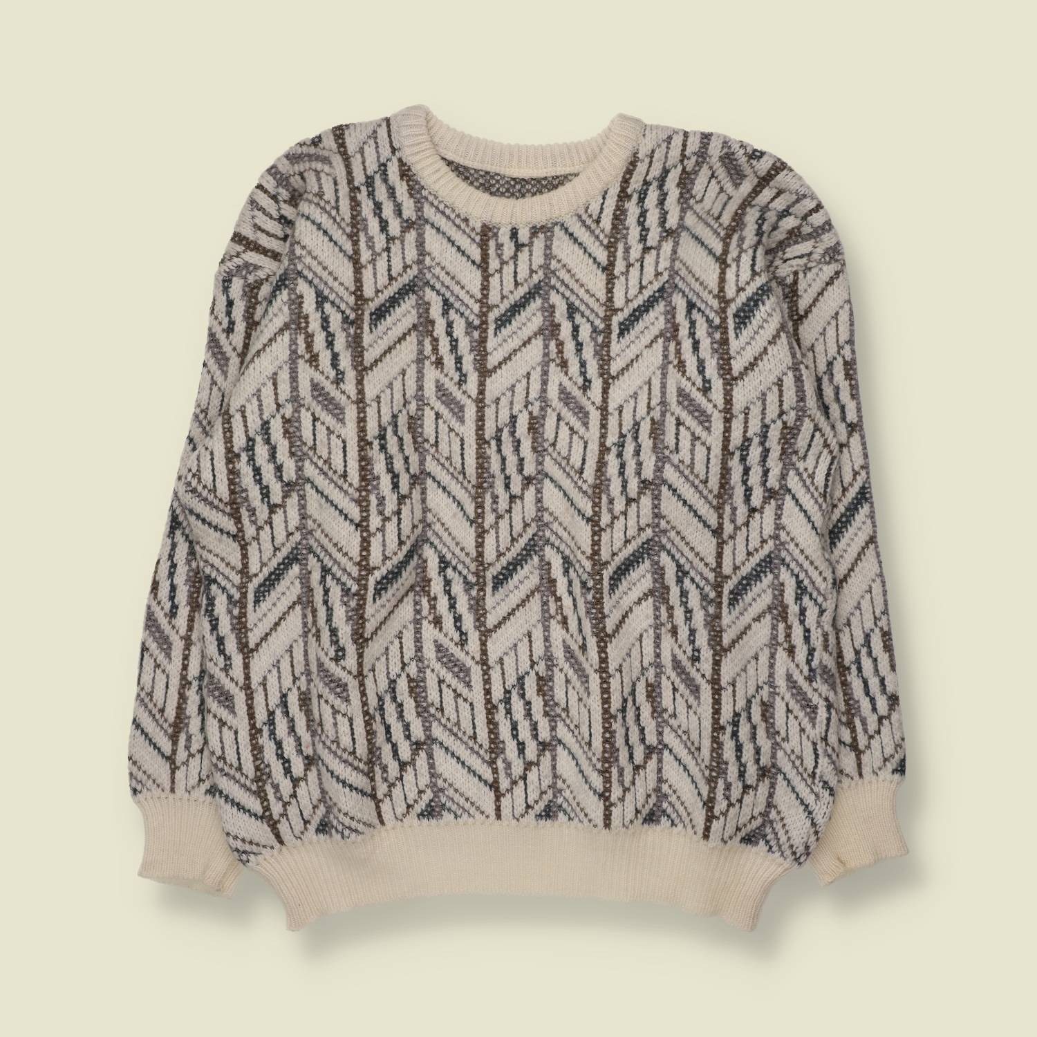 1980s | Geometric Pattern Knit Sweater | Cream, Brown & Grey - M